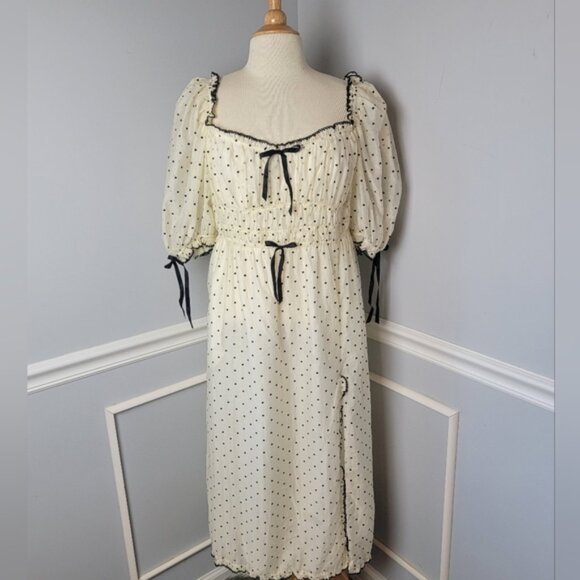 FOR LOVE & LEMONS NeW Eden Midi Ivory Black Heart Smocked Coquette Peasant Dress - Picture 1 of 9